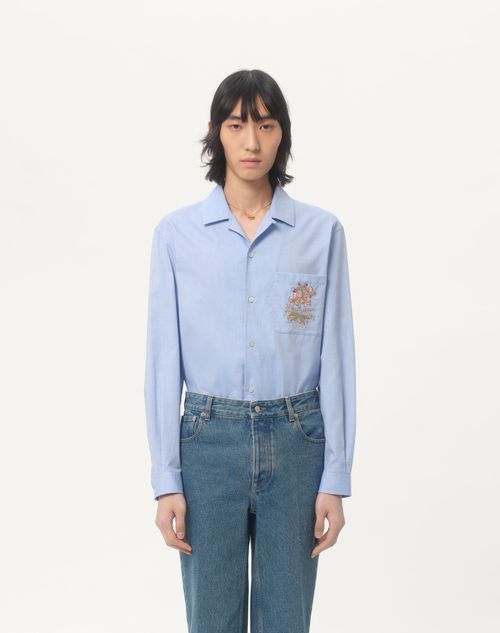 Valentino - Oxford Cotton Shirt With Floral Embroidery - Azure - Man - Shirts