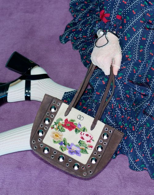 Valentino Garavani - Valentino Garavani Nellcôte Mini Embroidered Shopping Bag - Multicolor/testa Di Moro - Woman - Totes