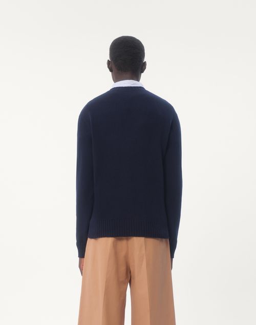 Valentino - Wool Crewneck Sweater With Chez Valentino Embroidery - Blue - Man - Knitwear