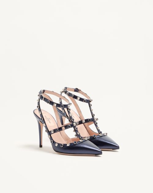 Valentino Garavani - Rockstud Pumps In Laminated Nappa With Cabochon 100mm - Navy - Woman - Pumps