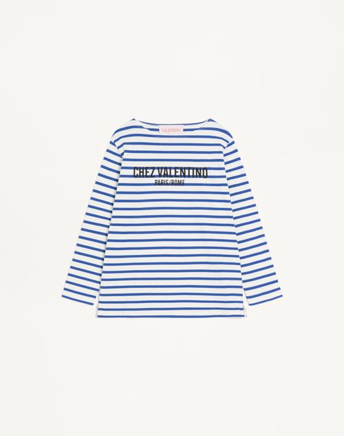 Valentino - Long-sleeved Cotton T-shirt With Chez Valentino Print - Ivory/blue - Woman - T-shirts And Sweatshirts