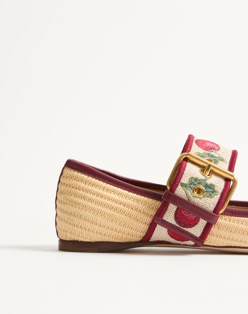 Valentino Garavani - Mary-jane Bribri Raffia Ballerina With Cherryfic Embroidery - Beige - Woman - Ballerinas