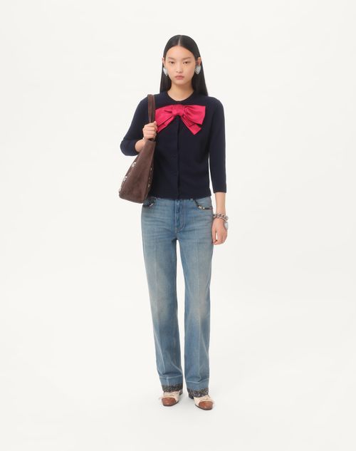 Valentino - Cardigan With Bow - Navy/ Red - Woman - Knitwear