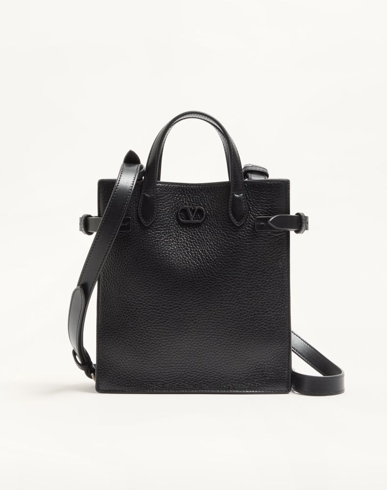 Valentino Garavani Men's Black Antibes Small Shopping Bag In Grained Leather Man Uni