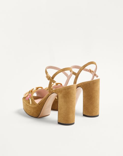 Valentino Garavani - Vlogo Signature Platform Sandal In Split Leather With Floral Embroidery 115 Mm - Havana Beige - Woman - Sandals