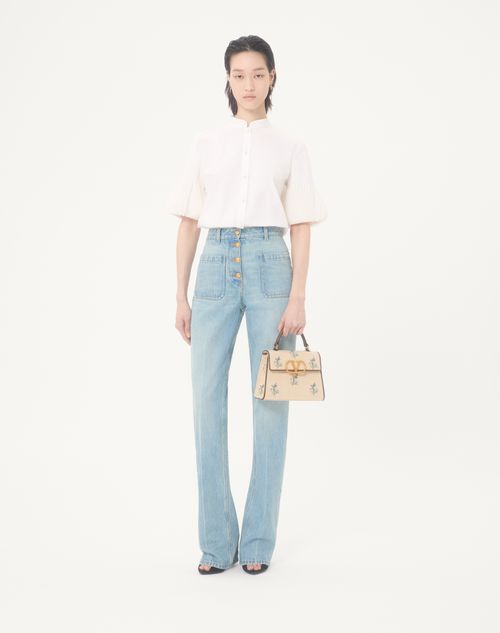 Valentino Garavani - Valentino Garavani Vsling Small Handbag In Linen With Embroidery - Natural/multicolour - Woman - Top Handle Bags