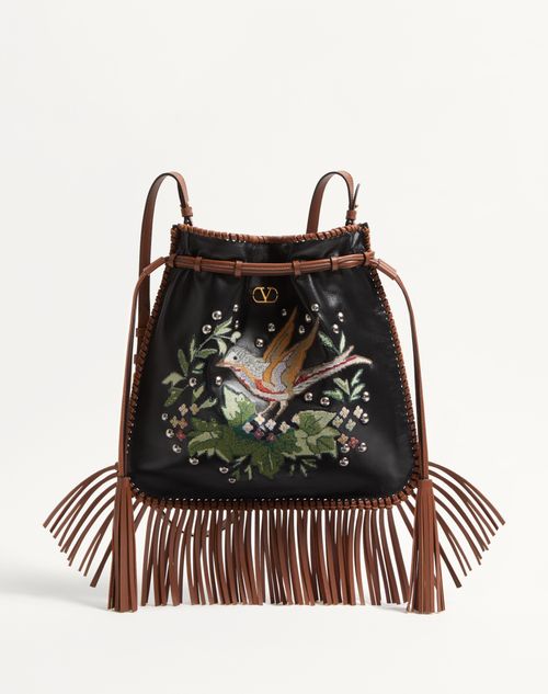 Valentino Garavani Garavani Nellcôte Alice Embroidered Bag With Fringes Woman Black/multicolour/toba In Black/multicolour/tobacco
