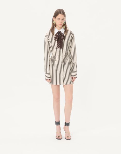 Valentino - Short Dress In Printed Striped Poplin - Ivory/chocolate - Woman - Dresses
