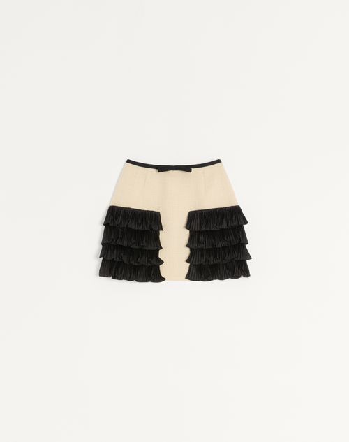 Valentino - Gonna Corta In Plain Wool Tweed - Mandorla/nero - Donna - Gonne