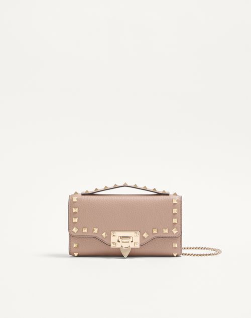 Valentino Garavani Rockstud Grainy Calfskin Wallet With Chain Strap Woman Poudre Onesize