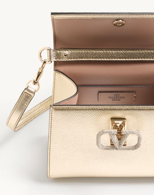 Valentino Garavani - Mini Vsling Handbag In Metallic Grainy Calfskin - Platinum/crystal - Woman - Top Handle Bags