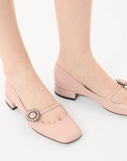 Valentino Garavani - Mary-jane Preshoes Ballerina In Kidskin With Jewel Button 20mm - Water Rose/crystal/pink - Woman - Ballerinas