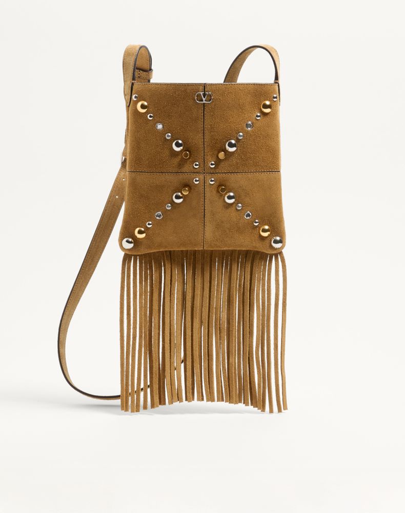 Valentino Garavani Women's Havana Beige Nellcôte Small Shoulder Bag In Suede With Fringes Woman Uni