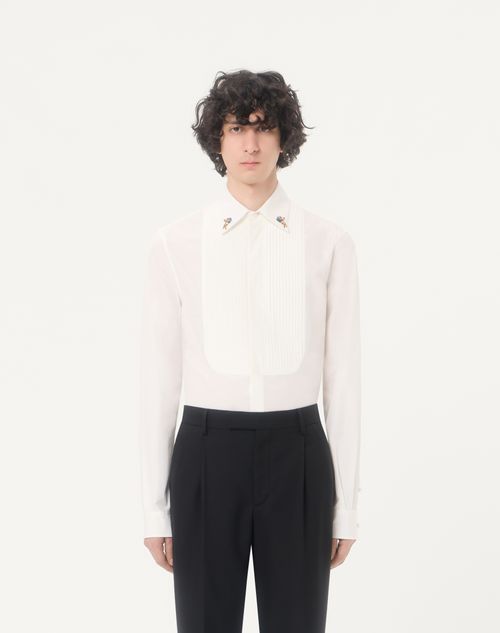 Valentino - Valentino Cotton Poplin Shirt With Pleated Plastron And Embroidery On The Collar - White - Man - Shirts