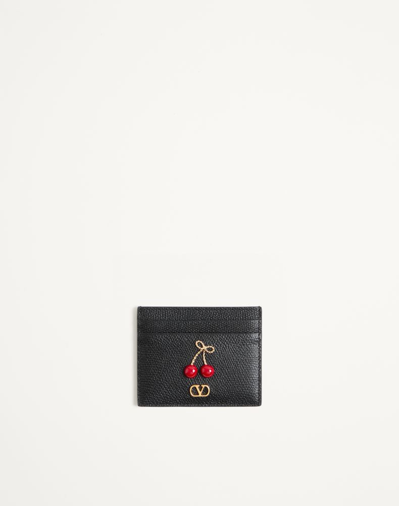 Valentino Garavani Women's Black Cherryfic Grainy Calfskin Cardholder Woman Uni