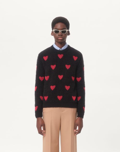 Valentino - Mohair Wool And Lurex Sweater With Heart Jacquard Pattern - Black/red - Man - Knitwear