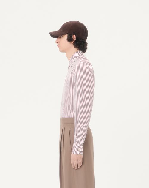 Valentino - Valentino Cotton Poplin Shirt With Striped Vlogo Embroidery - Butter/maroon - Man - Shirts