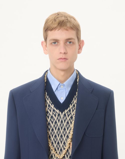 Valentino - Wool Vest With Toute La V Jacquard Pattern - Navy/cream - Man - Knitwear