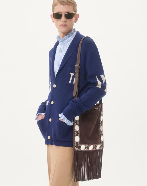 Valentino - Wool Cardigan With Shawl Collar And Chez Valentino Jacquard - Blue/butter - Man - Knitwear
