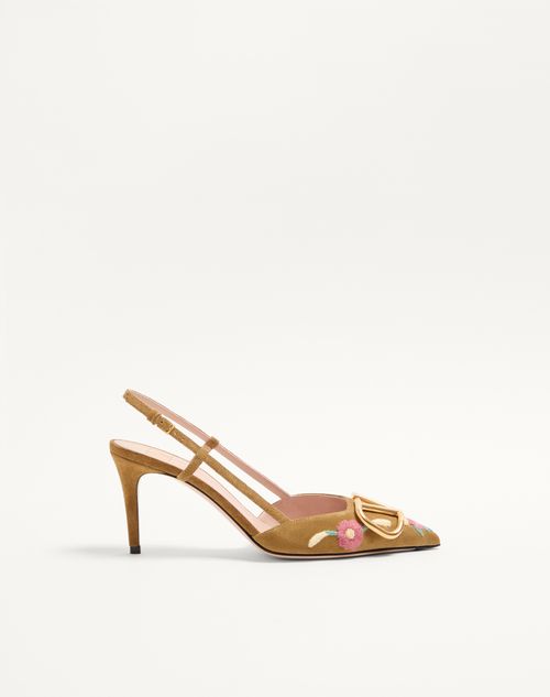 Valentino Garavani - Vlogo Signature Slingback Pump In Crust Leather With Floral Embroidery 80mm - Havana Beige - Woman - Pumps