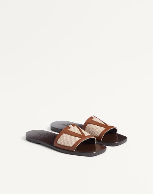 Valentino Garavani - Viva Superstar Slide Sandal In Canvas Fabric And Nappa Leather - Natural/tobacco - Man - Sandals