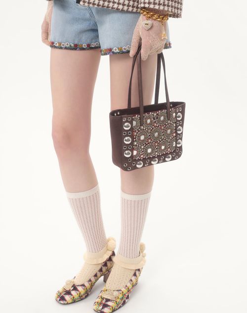 Valentino Garavani - Valentino Garavani Nellcôte Mini Embroidered Shopping Bag - Testa Di Moro - Woman - Totes