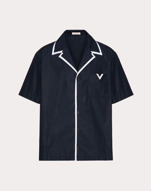 Shop Valentino Cotton Poplin Bowling Shirt With Rubberised V Detail In Navy