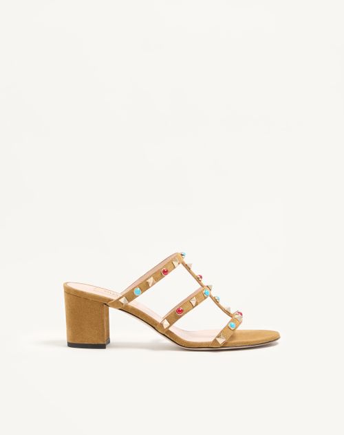 Valentino Garavani Rockstud Slide Sandal In Suede With Cabochon Stones 60mm Woman Havana Beige 40.5