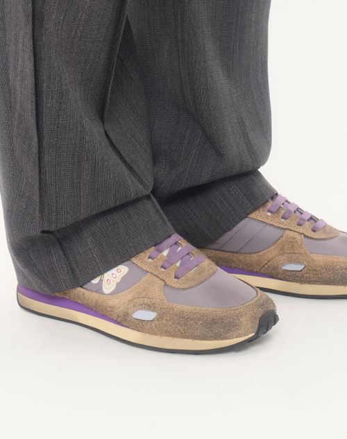 Valentino Garavani - Stud Up Sneaker In Split Leather And Nylon With Butterfly Embroidery - Lilac/multicolor - Man - Sneakers