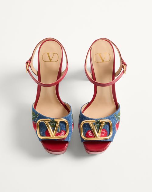 Valentino Garavani - Vlogo Signature Platform Denim Sandal With Cherryfic Embroidery 115mm - Denim/multicolour - Woman - Sandals