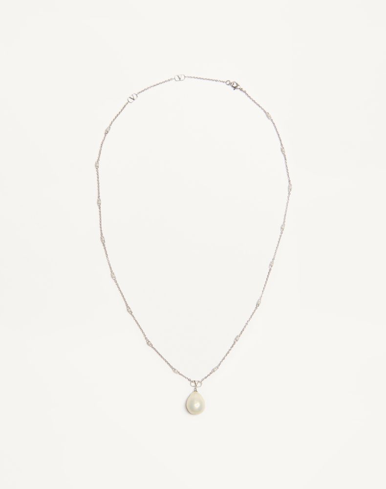 Valentino Garavani Men's Palladium/Cream Vlogo Signature Metal Brooch With Swarovski Crystals And Pearls Man Uni