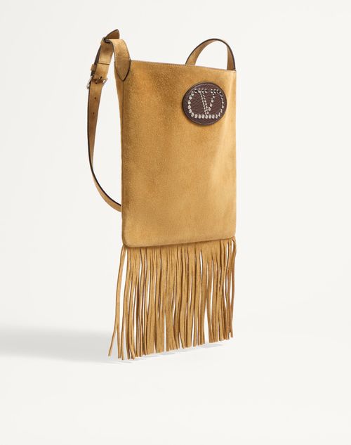 Valentino Garavani - Valentino Garavani Nellcôte Suede Shoulder Bag With Fringes - Havana Beige/fondant - Man - Shoulder Bags