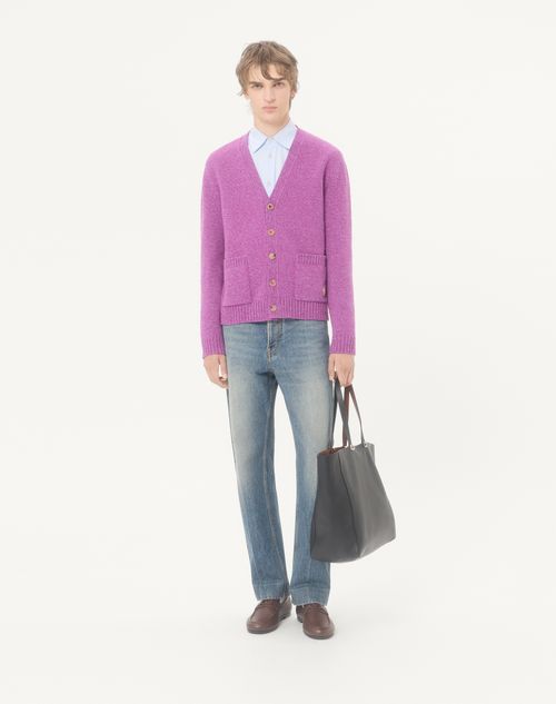 Valentino - Cardigan Valentino In Lana Mouliné Con Patch Farfalla Ricamata - Viola - Uomo - Maglieria
