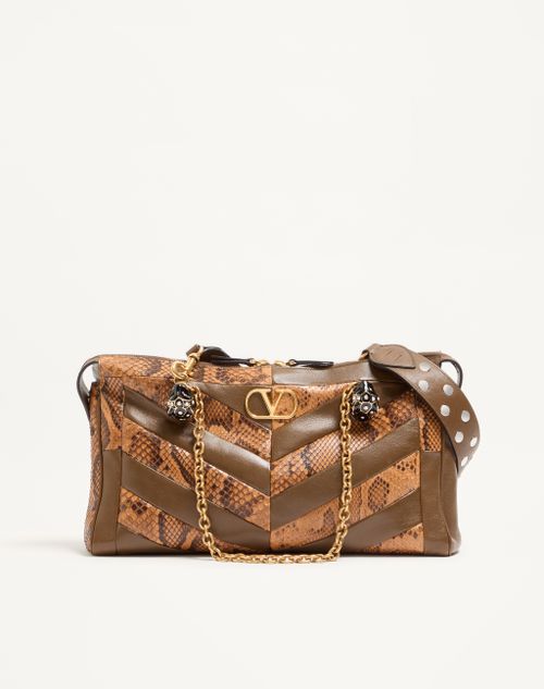 Valentino Garavani Valentino Garavani Panthea Medium Shoulder Bag In Python And Nappa With Chevron Motif Woman Roasted Pecan/ivory/tundra Onesize