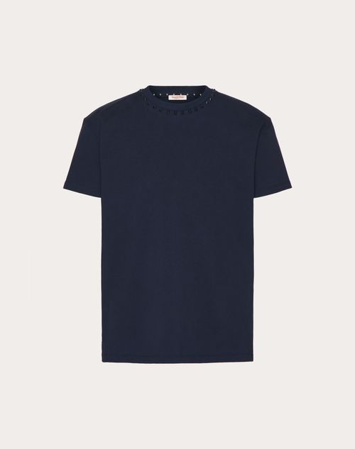 Shop Valentino Cotton Crewneck T-shirt With Black Untitled Studs In Navy