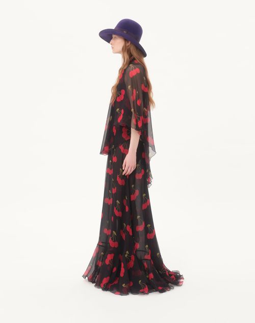 Valentino - Long Dress In Crepponne Chiffon With Cherryfic Print - Black/cherry Red - Woman - Gowns