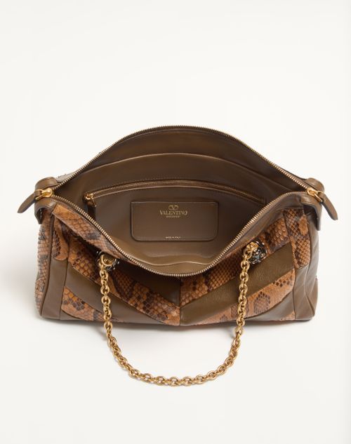 Valentino Garavani - Borsa A Spalla Media Valentino Garavani Panthea In Pitone E Nappa Motivo Chevron - Roasted Pecan/avorio/tundra - Donna - Borse A Spalla