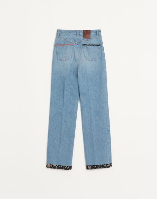 Valentino - Denim Trousers With Floral Print Hem - Denim - Man - Denim