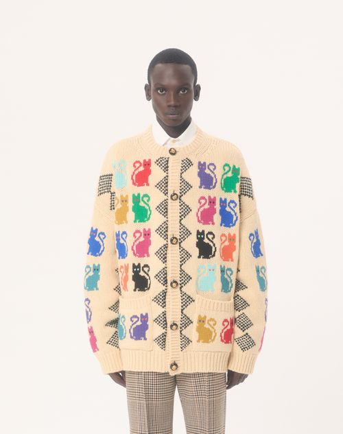 Valentino - Valentino Wool Cardigan With Le Chat De La Maison Jacquard Pattern - Multicolor - Man - Knitwear