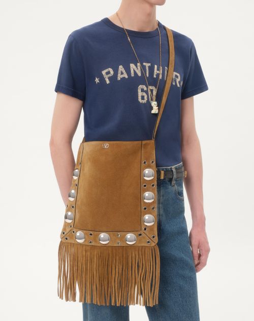 Valentino Garavani - Valentino Garavani Nellcôte Suede Shoulder Bag With Fringes - Havana Beige - Man - Shoulder Bags