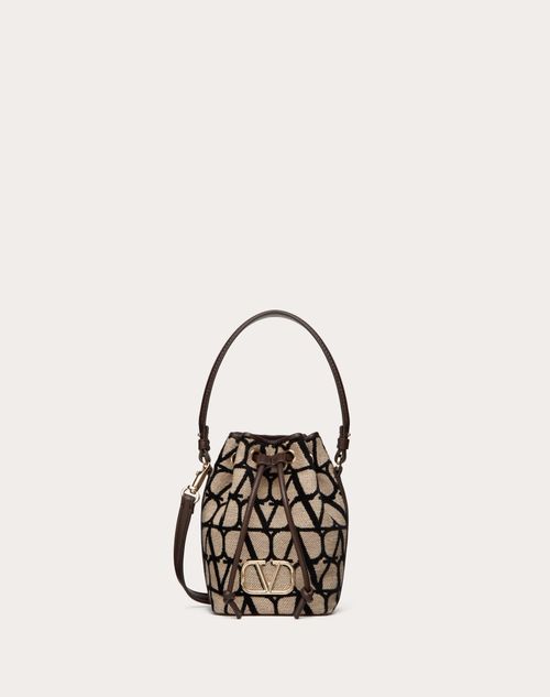 Valentino Vlogo Mini Toile Iconographe Canvas & Leather Bucket Bag In Beige/black