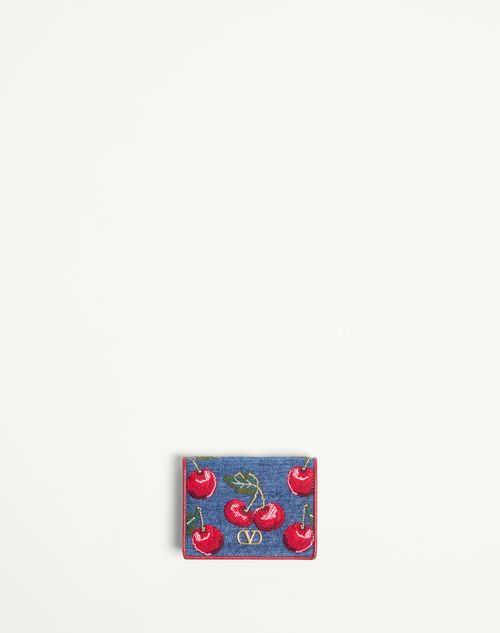 Valentino Garavani Vlogo Signature Denim Wallet With Cherryfic Embroidery Woman Denim/multicolour Un