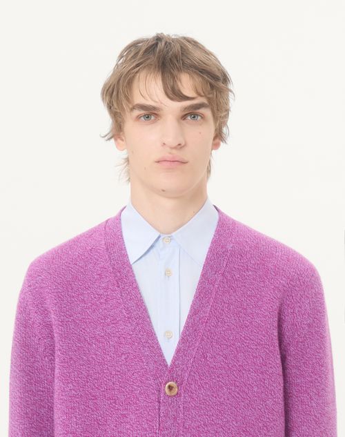 Valentino - Cardigan Valentino In Lana Mouliné Con Patch Farfalla Ricamata - Viola - Uomo - Maglieria