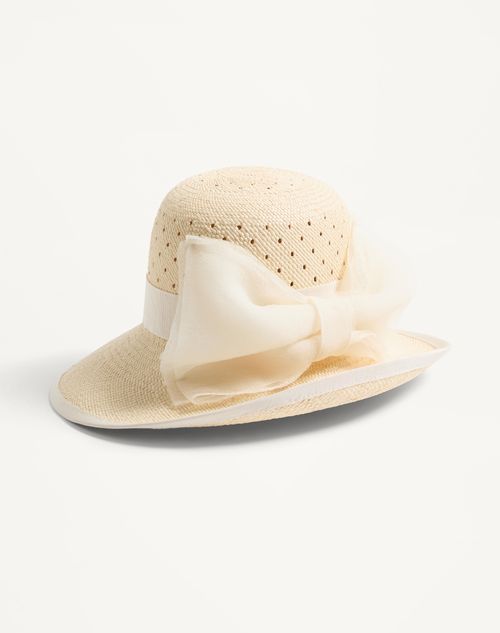 Valentino Garavani - Vlogo Signature Hat In Perforated Panama With Organza Bow - Natural - Woman - Hats And Gloves