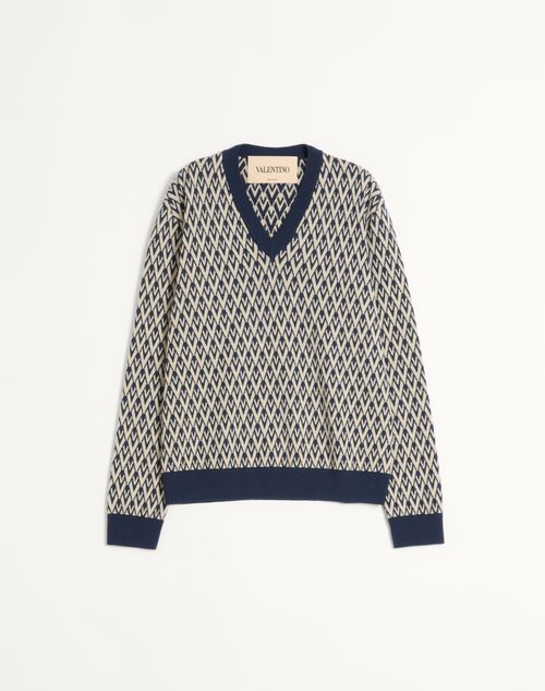 Valentino - Wool Jumper With Toute La V Jacquard Pattern - Navy/cream - Man - Knitwear