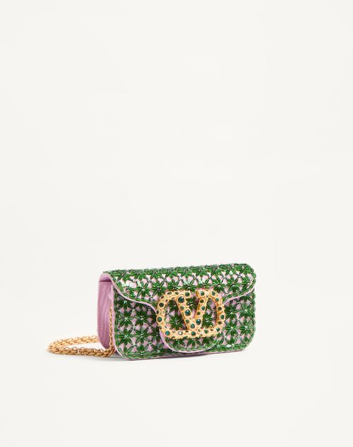 Valentino Garavani - Valentino Garavani Locò Small Shoulder Bag Embroidered With Jewel Logo - Emerald/rhododendron - Woman - Shoulder Bags
