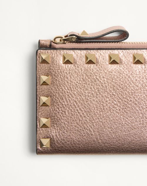Valentino Garavani - Rockstud Laminated Grainy Calfskin Card Holder With Zip - Rose Cannelle - Woman - Wallets And Small Leather Goods