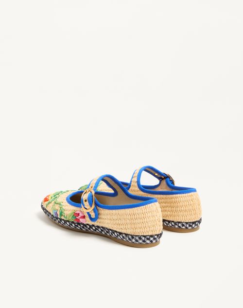 Valentino Garavani - Mary-jane Endouce Ballerina In Raffia With Floral Embroidery - Natural/multicolor - Woman - Ballerinas