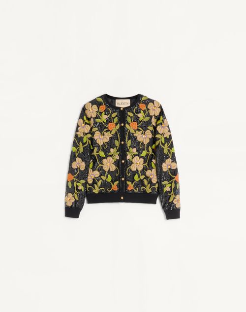 Valentino Embroidered Wool Cardigan Woman Black/multicolour Xl In Black