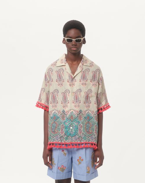 Valentino - Lightweight Linen Bowling Shirt With Voyage Imaginaire Print - Multicolor - Man - Shirts